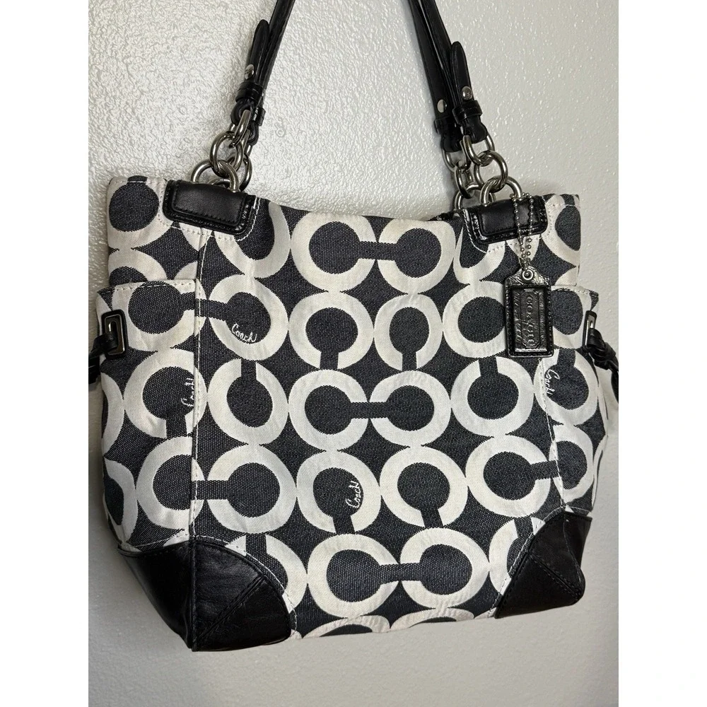 Coach Signature Op Art Draw String Sides Hobo Handbag Black‎ White 14573